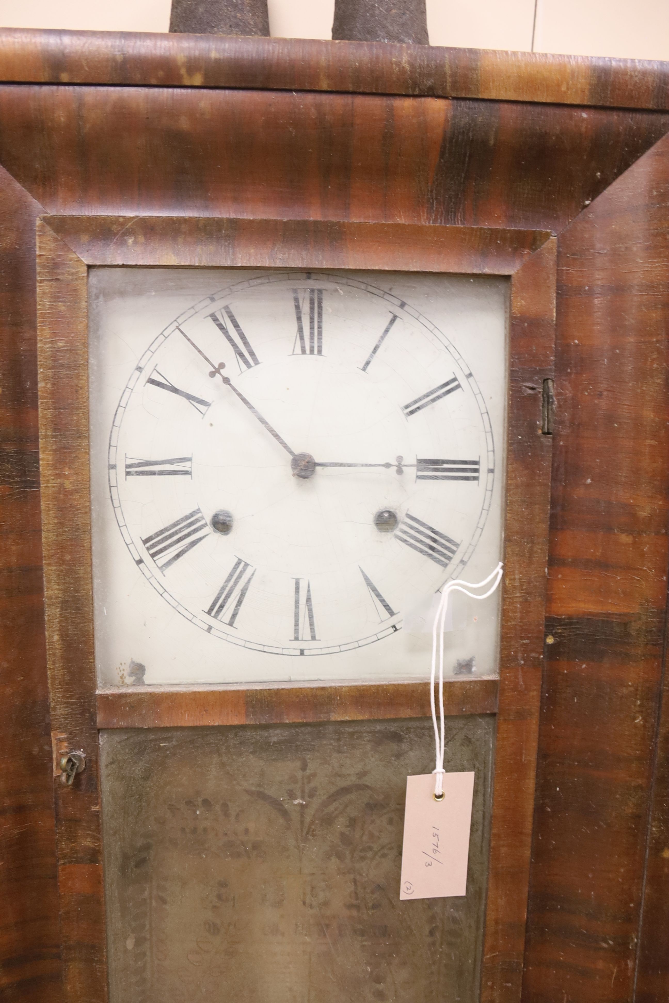 A Conneticut shelf clock and one other wall clock and plated shelf, tallest 94cm